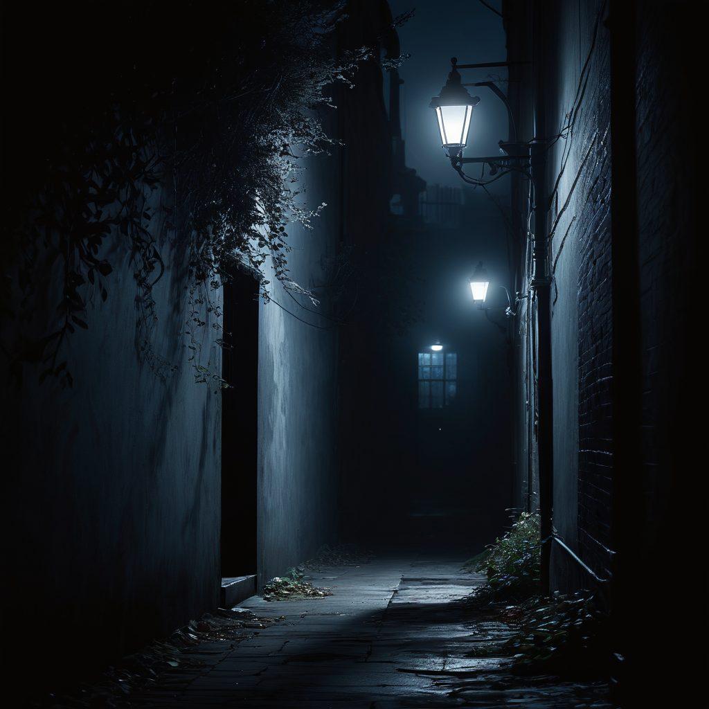 A dark, eerie alleyway shrouded in shadow, with ominous silhouettes of sinuous creatures lurking in the corners. The faint glow of a flickering streetlamp reveals tangled vines and creeping shadows, while unsettling eyes peer from the darkness. Hints of fog swirl, enhancing the sense of mystery and danger. Emphasize a moody color palette with deep blues and blacks contrasted with sharp highlights. super-realistic. cinematic lighting. dark atmosphere.