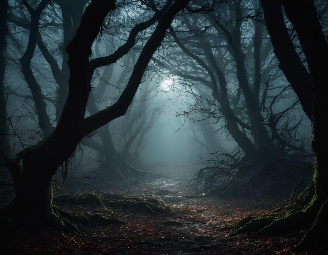 A dark, misty forest with tangled roots and eerie shadows lurking between trees. Ghostly outlines of creepy crawlies, like spiders and insects, skitter across the ground, illuminated by a faint light. The atmosphere is filled with suspense, enhanced by the textured details of the foliage and the deep shadows. A full moon peeks through the branches, casting a haunting glow on the scene. surreal and moody. dark colors. high contrast.