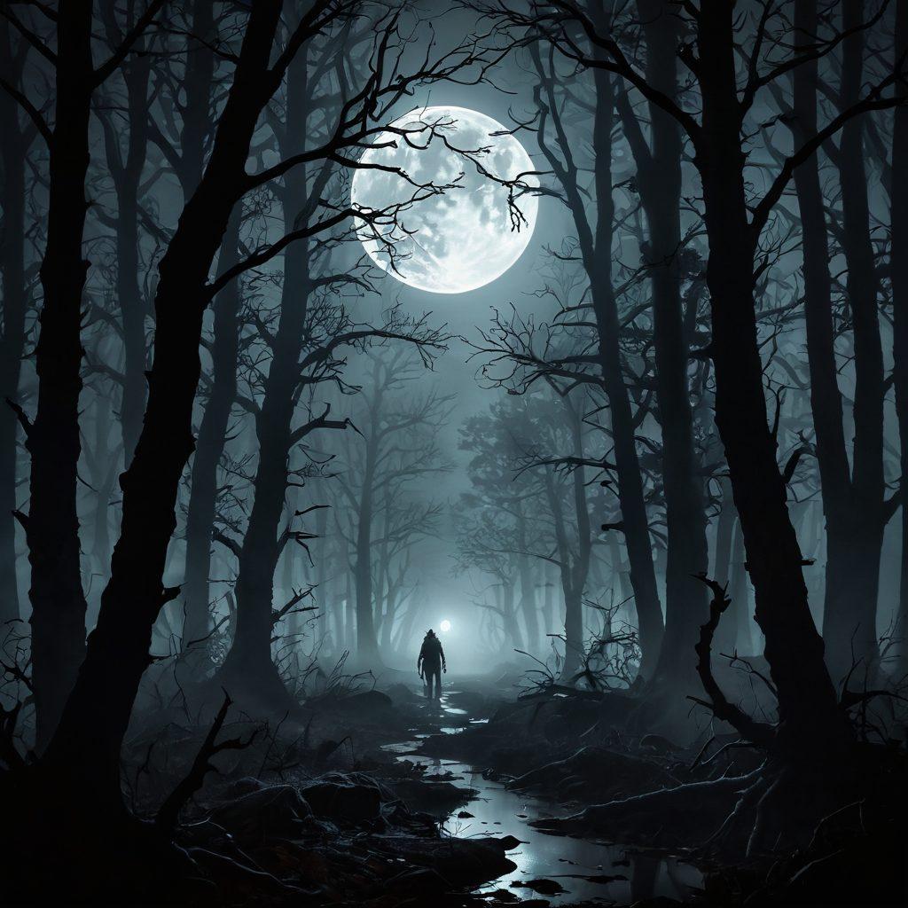 A haunting landscape featuring a dark forest shrouded in mist, with eerie shadows cast by twisted trees and unseen creatures lurking in the background. Incorporate subtle silhouettes of creepy crawlers like spiders and centipedes on the forest floor, and a glowing moon peeking through the branches. The atmosphere should evoke a sense of deep fear and intrigue, inviting the viewer to confront their own inner demons. super-realistic. dark color palette. eerie lighting.